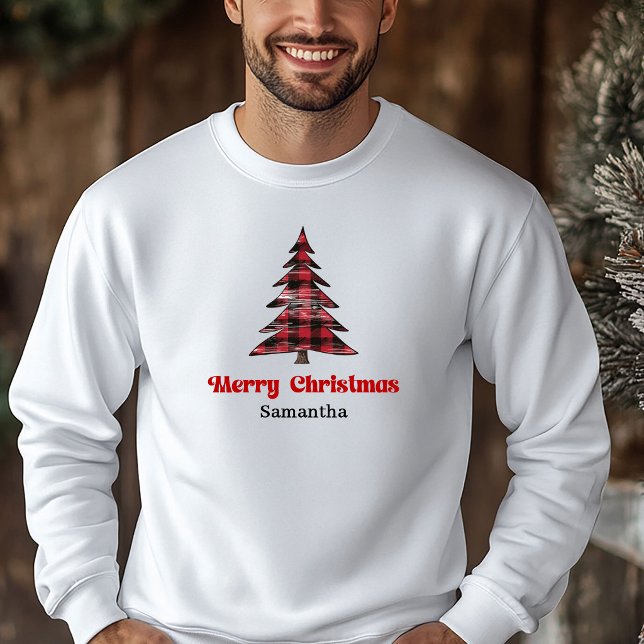 Sudadera navideña encantadora con árbol de cuadros (Charming Custom Name Plaid Tree Christmas Sweatshirt)