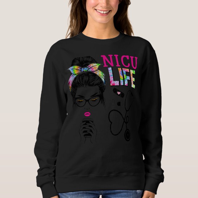 Sudadera Nicu Enfermera Stethoscope Tye Messy Bun Enfermera (Anverso)