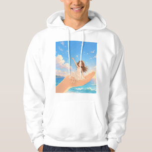 Sudadera Niña alegre en una mano suave junto al océano
