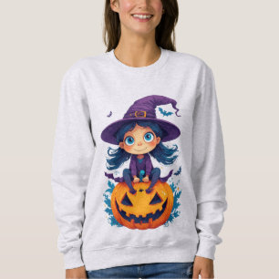 Sudadera Niña bruja adorable con calabazas y murciélagos