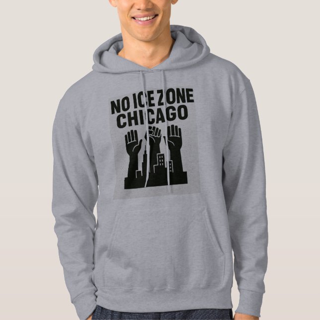 Sudadera No ICE Zone Hoodie – Raised Fists Over Chicago Sky (Anverso)