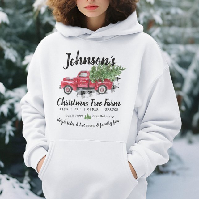 Sudadera Nombre de familia Camión de árbol de navidad vinta (personalized family name Christmas Tree Farm white & light color hoodie, vintage holiday red truck )