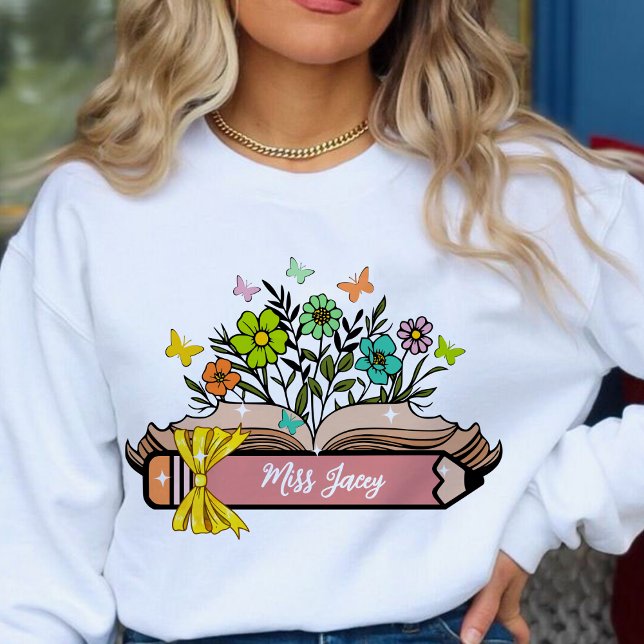Sudadera Nombre del profesor de Flor silvestre, profesor pe (Wildflower Teacher Name, Custom Teacher, Personalized Teacher, Gift Teacher, Cute Teacher sweatshirt)