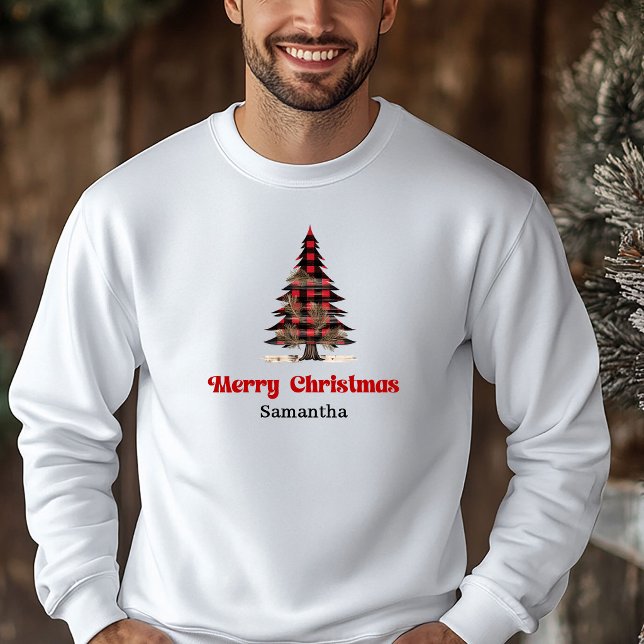 Sudadera Nombre personalizado de alegre búfalo a cuadros Ár (Merry Custom Name Buffalo Plaid Tree Holiday Hoodie)