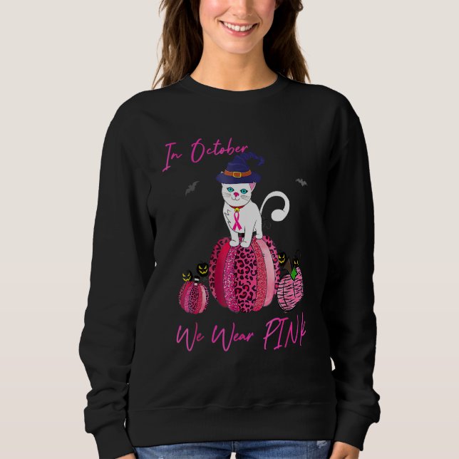 Sudadera October We Wear Pink Pumpkin Cat With Witch Hat Ha (Anverso)