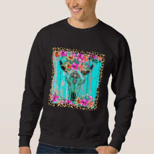 Sudadera Oeste Boho Flores Turquesa Cow Bull Skull Rode