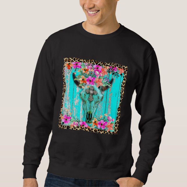 Sudadera Oeste Boho Flores Turquesa Cow Bull Skull Rode (Anverso)