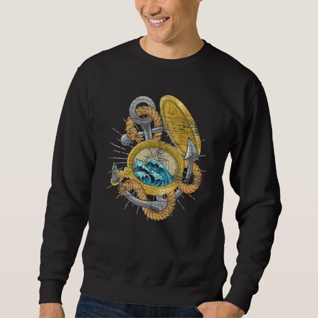 Sudadera Olas Brújula Ancla Marinero Náutico Capitán Vela (Anverso)