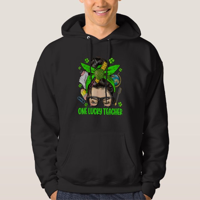 Sudadera One Lucky Teacher Messy Bun St Patricks Day Clover (Anverso)