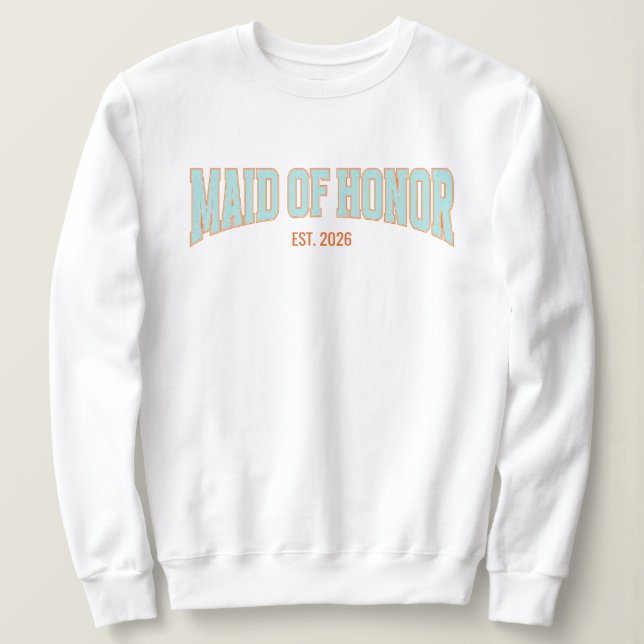 Sudadera Orange + Teal Faux Glitter Varsity MAID OF HONOR  (Anverso del diseño)