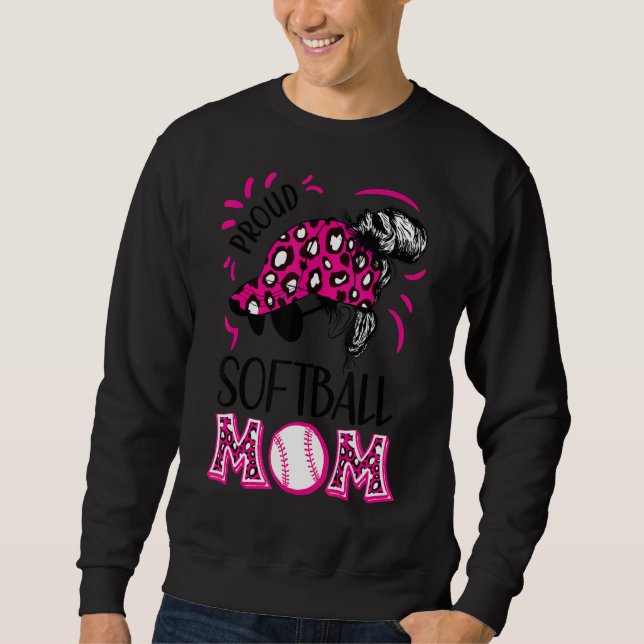 Sudadera Orgullosa mamá de Softball Messy Bun Leopard Mujer (Anverso)