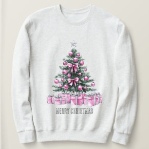 Sudadera Ornamentos de color rosa Árbol de Navidad y regalo