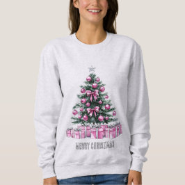 Sudadera Ornamentos de color rosa Árbol de Navidad y regalo