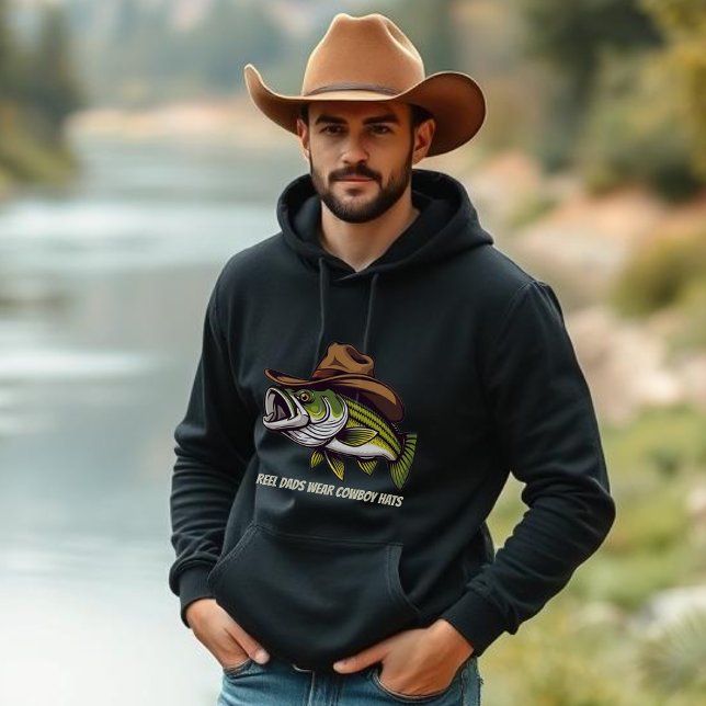 Sudadera Padres del Día de los Peces Graciosos usando un Go (Funny Bass Fish with Cowboy Hat-Father's Day Hoodie Fisherman Core Reel Dads wear cowboy hats)