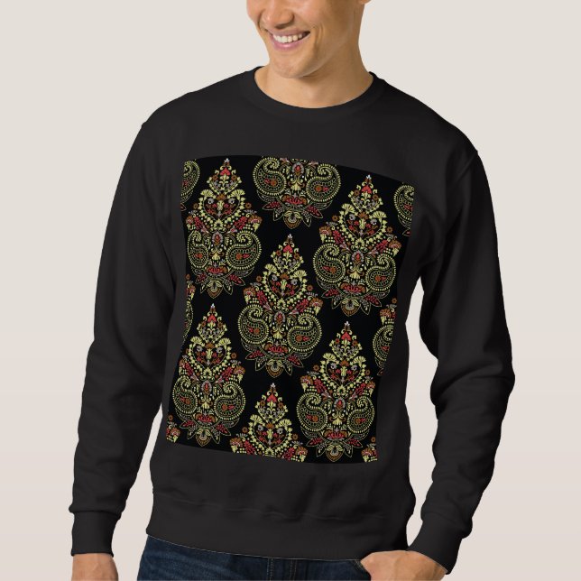 Sudadera Paisley indio, fondo geométrico negro (Anverso)