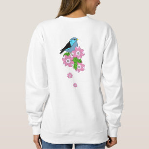 Sudadera Pájaro azul, flores folclóricas primaverales, fron