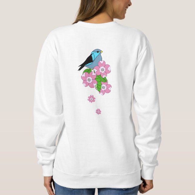 Sudadera Pájaro azul, flores folclóricas primaverales, fron (Reverso)