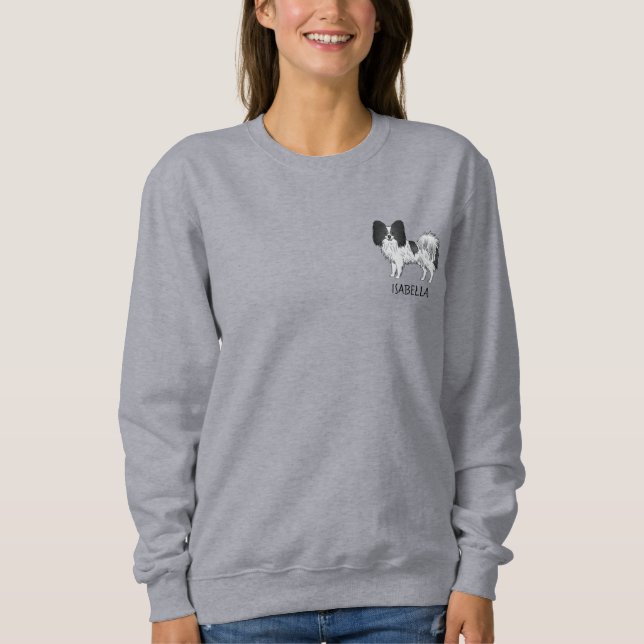 Sudadera Papillon blanco y negro perro lindo con texto pers (Anverso)