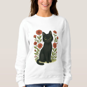 Sudadera para mujer con gato negro lindo y jardín