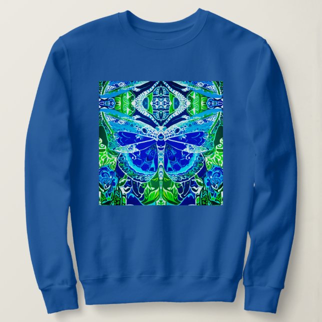 Sudadera Patrón de batik de mariposa y medallón en azul (Anverso del diseño)
