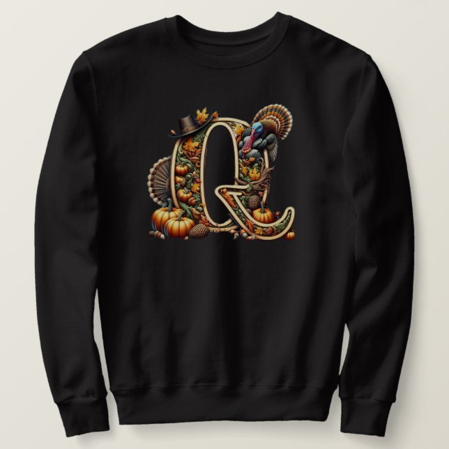 Sudadera Pavo de acción de gracias con letra Q (Anverso del diseño)