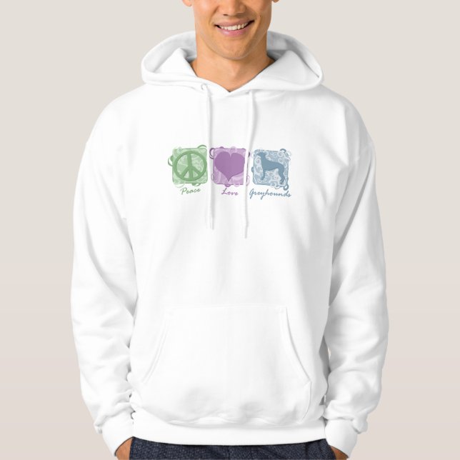 Sudadera Paz, amor, y galgos en colores pastel (Anverso)