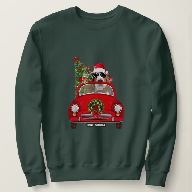 Sudadera Perro Basset Hound conduciendo coche Navidad (Anverso del diseño)