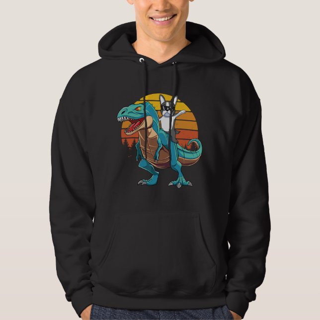 Sudadera Perro Boston Terrier montando dinosaurio T Rex niñ (Anverso)