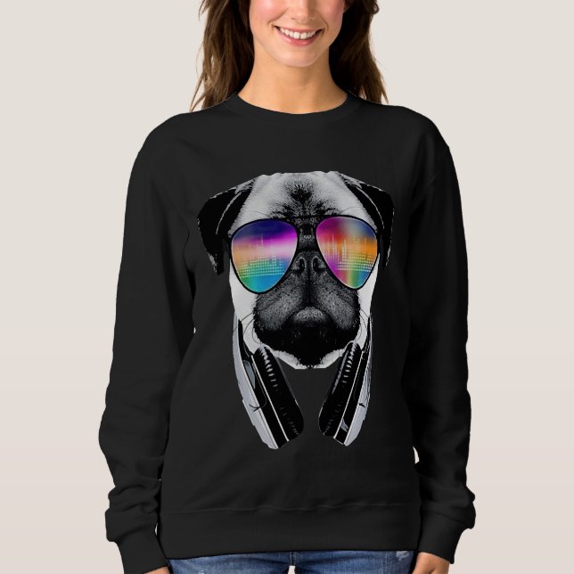 Sudadera Perro de pug con gafas y audífonos escucha a mus (Anverso)