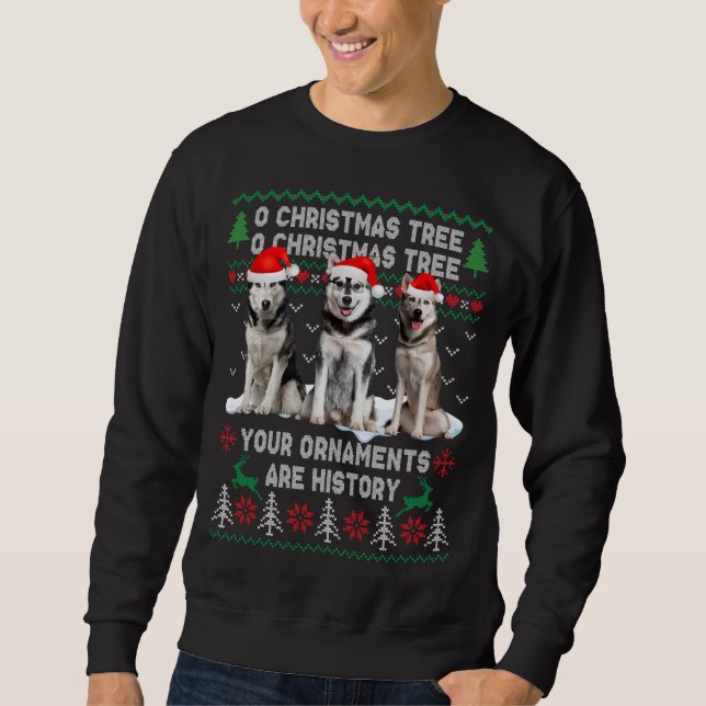 Sudadera Perro Husky Siberiano Cuerdo Árbol De Navidad Ugly (Anverso)
