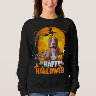 Sudadera Perro Pitbull Feliz Día De Halloween Con La Luna Y