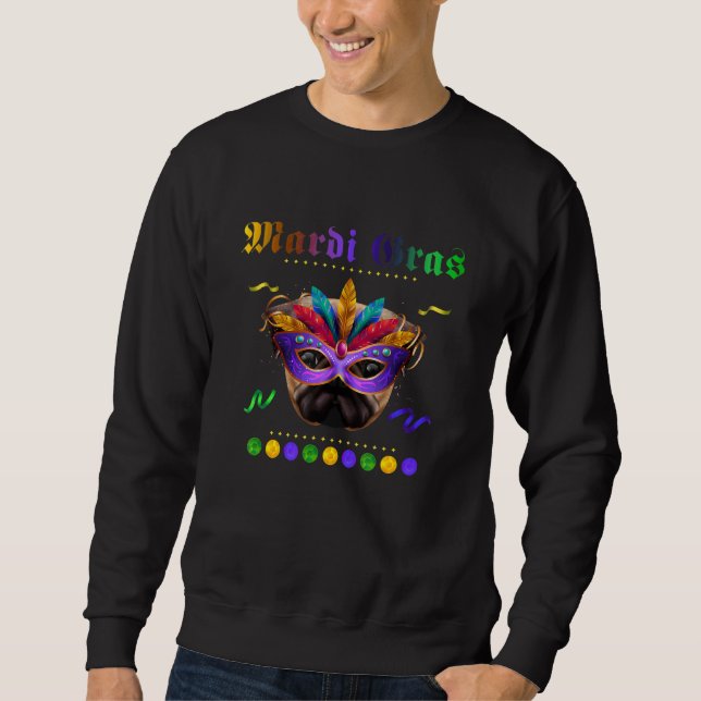 Sudadera Perro Pug Mardi Gras Mask Gorra Bebe Con Feathers  (Anverso)
