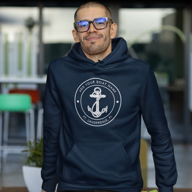 Sudadera Personalizado de nombre de barco de anclaje náutic (Nautical Anchor Boat Name Navy Blue Mens Hoodie)