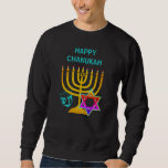Sudadera Personalizado HAPPY CHANUKAH Hanukkah<br><div class="desc">FELIZ sudadera CHANUKAH Hanukkah unisex, con TEXTO PERSONALIZABLE, diseñado con menorah de oro falso, la colorida estrella de David y el dreidel de color plateado más GREETING de PERSONALIZABLE, para que puedas crear tu propio saludo. Suéter ideal para hombres o mujeres para la temporada de Hanukkah. Elija entre una amplia...</div>