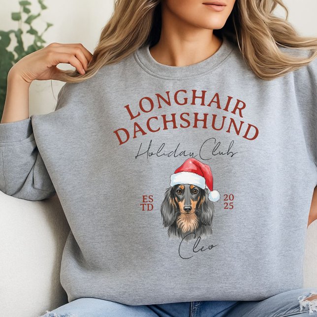 Sudadera Personalizado Holiday Club Longhair Dachshund (Elevate your holiday shopping apparel with this Custom Holiday Club Longhair Dachshund sweatshirt!)
