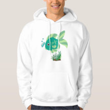 Pescado verde con burbujas y plantas acuáticas