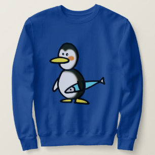 Sudadera Pingüino Adorable Sosteniendo un Pez Azul