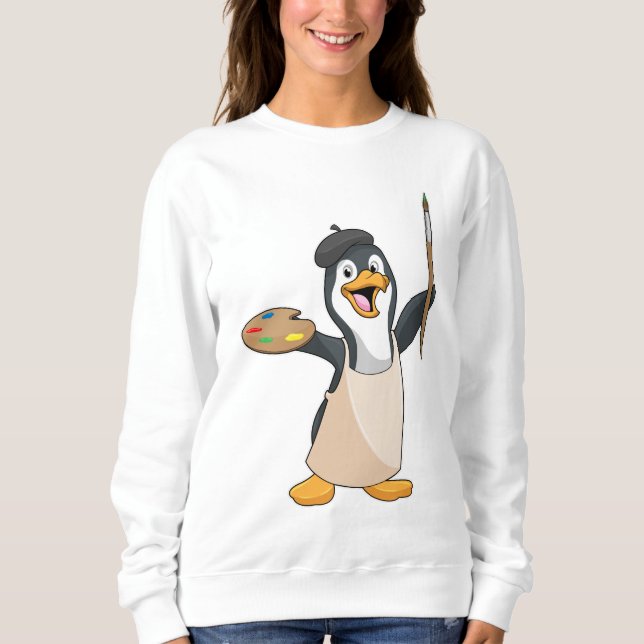 Sudadera Pingüino como pintador con pincel de pintura y col (Anverso)