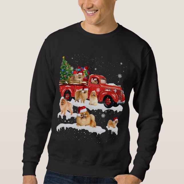 Sudadera Pomerania montando Camión Rojo Feliz Navidad X-mas (Anverso)