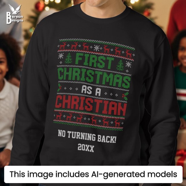 Sudadera PRIMER NAVIDAD COMO CRISTIANO Feo Navidad (Fun FIRST CHRISTMAS AS A CHRISTIAN sweatshirt in Nordic-inspired knitwear style. Ideal ugly jumper.)