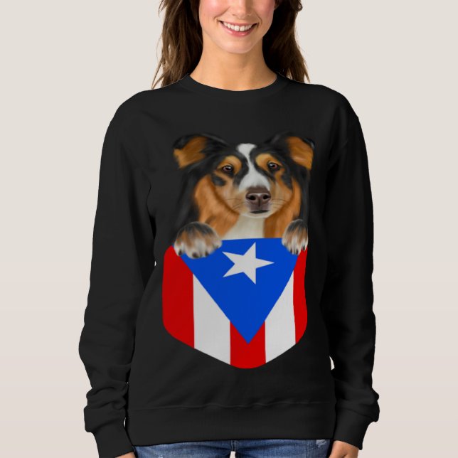 Sudadera Puerto Rico Flag Shetland Sheepdog Dog In Pocket (Anverso)