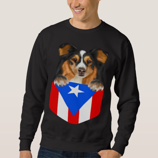 Sudadera Puerto Rico Flag Shetland Sheepdog Dog In Pocket (Anverso)
