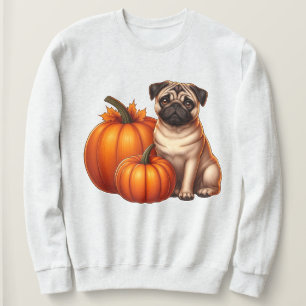 Sudadera Pug Adorable sentado junto a calabazas con otoño