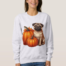 Pug Adorable sentado junto a calabazas con otoño