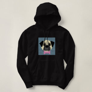 Sudadera Pug cervato, corbata rosa, ladrillo azul