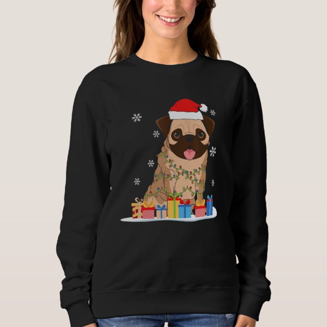Sudadera Pug Christmas Tree Lights Santa Hat Xmas Pajama Bo (Anverso)