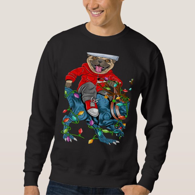 Sudadera Pug Dog Xmas Lights Pug Riding Dinosaur Christmas (Anverso)