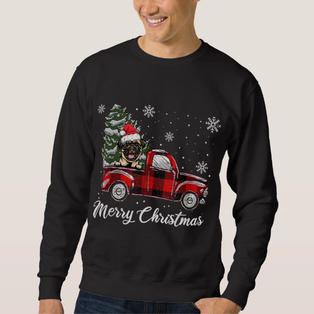Sudadera Pug Riding Red Truck Christmas Tree Dog Lover (Anverso)