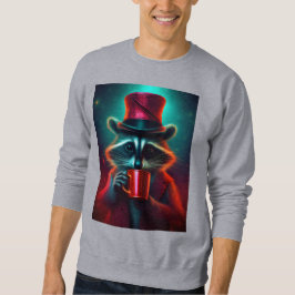 Sudadera Raccoon Vestido Con Un Traje Rojo Bebiendo Café
