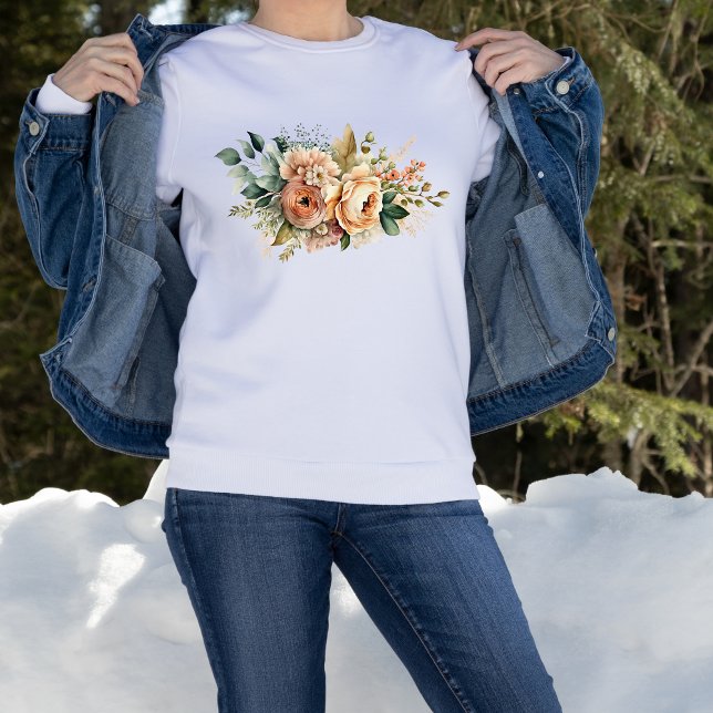 Sudadera Ramo floral de acuarela botánica de vegetación de  (Peach Watercolor Wildflower Bouquet with Greenery and Botanicals on White Sweatshirt)